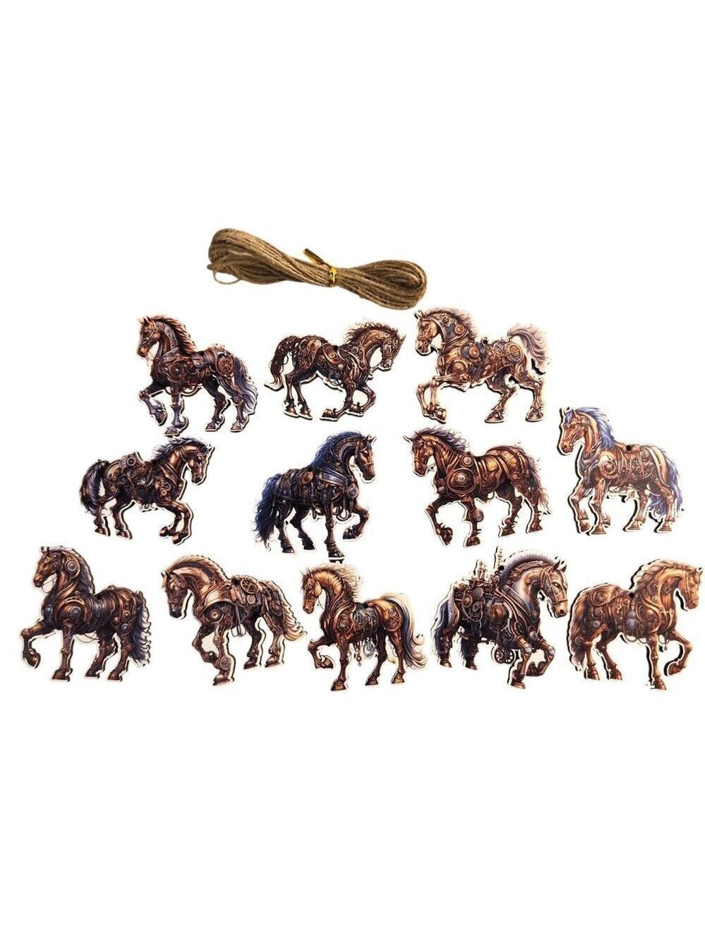 Wooden Horse Ornaments Set Of 12 Laser Cut Steampunk Rope